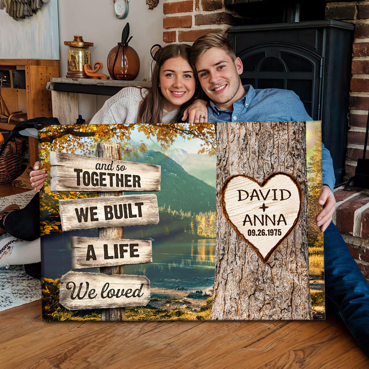 And So Together We Built A Life We Loved Custom Name & Date Heart Carving On Tree Rustic Wood Sign With Autumn Forest Poster