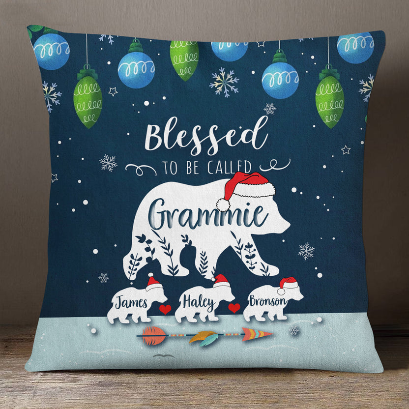 Grammie Pillow, Custom Kids Names Polar Bear Family Pillow, Blue Christmas Decor, Living Room Accent Case, Holiday Snowflake Decor, Christmas Holiday