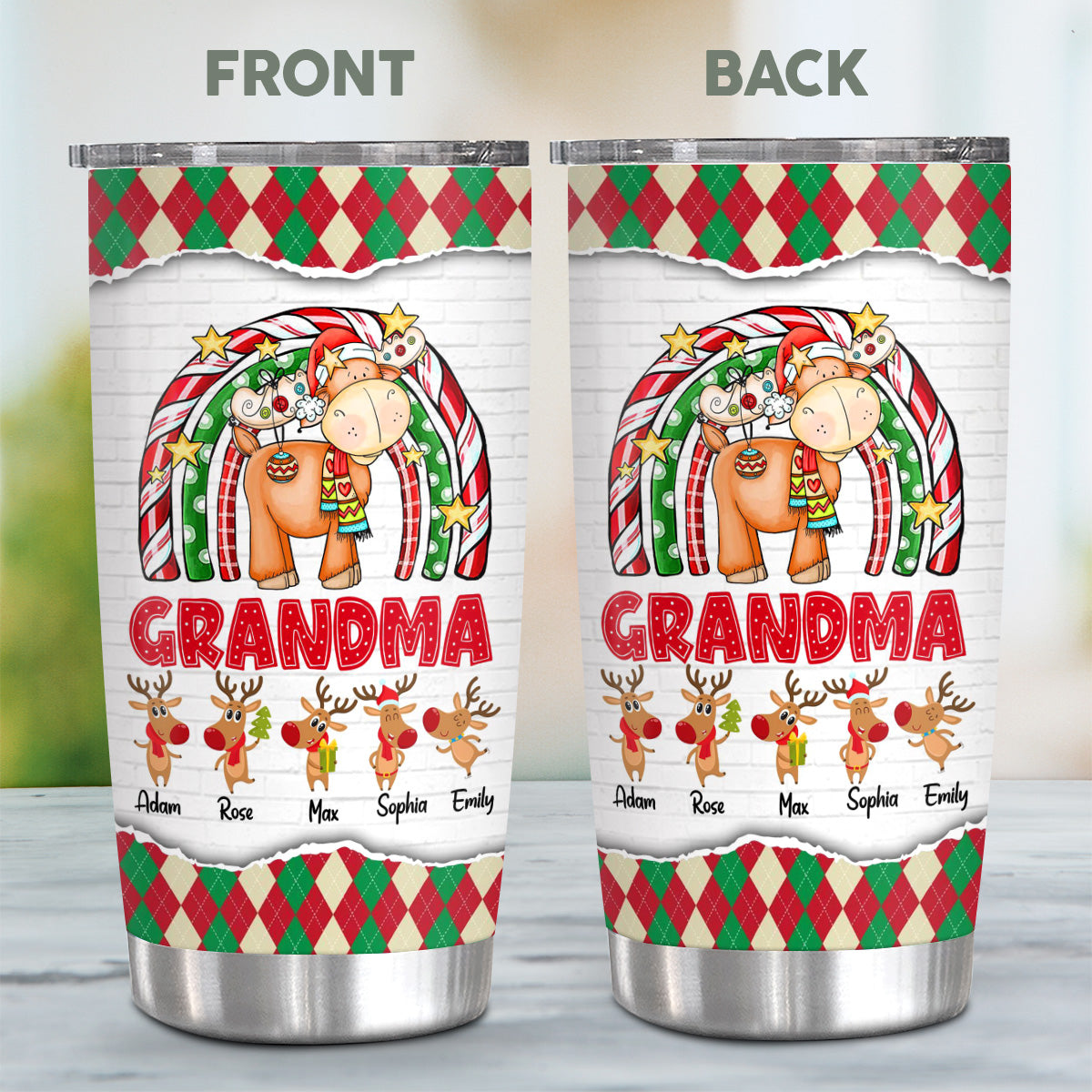 Cute Christmas Rainbow Tumbler, Grandma Custom Grandchildren Names Travel Cup, Winter Drinkware Cup, Rainbow Reindeer Family Names Travel Tumbler, Gifts For Nana From Grandkids, 20oz
