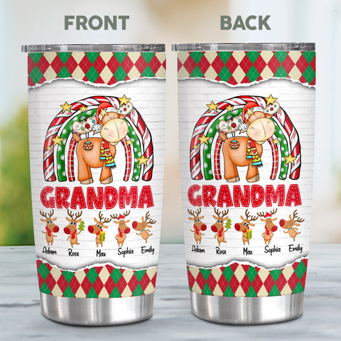 Cute Christmas Rainbow Tumbler, Grandma Custom Grandchildren Names Travel Cup, Winter Drinkware Cup, Rainbow Reindeer Family Names Travel Tumbler, Gifts For Nana From Grandkids, 20oz