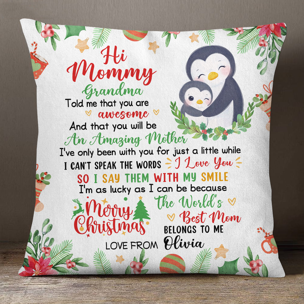 Personalized Square Pillow For New Mom From Family Gifts Penguin Hug Baby Grandma Told Me That You Are Awesome Merry Christmas Custom Name Double Sided Sofa Couch Cushion On Christmas