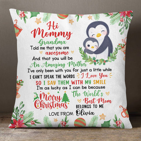 Personalized Square Pillow For New Mom From Family Gifts Penguin Hug Baby Grandma Told Me That You Are Awesome Merry Christmas Custom Name Double Sided Sofa Couch Cushion On Christmas