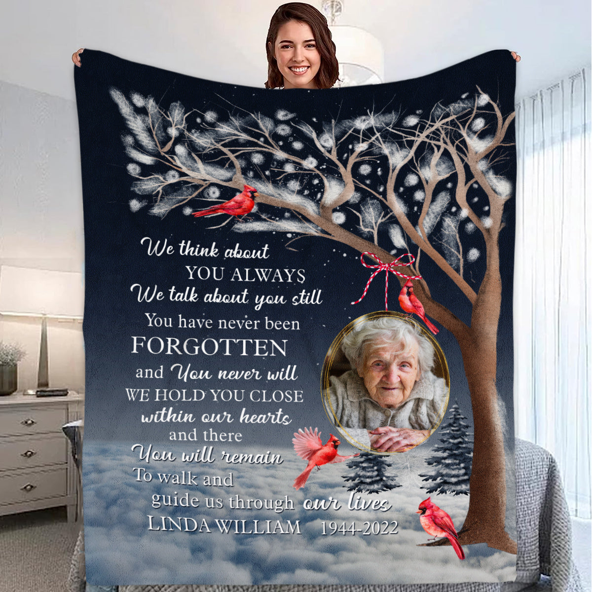 Remembrance Gifts, Personalized Memorial Blanket With Photo, Winter Tree With Red Bird We Talk About You Still, Loss Of Mom Dad Blanket, Fleece Sherpa, Memorial Gifts For Anniversary