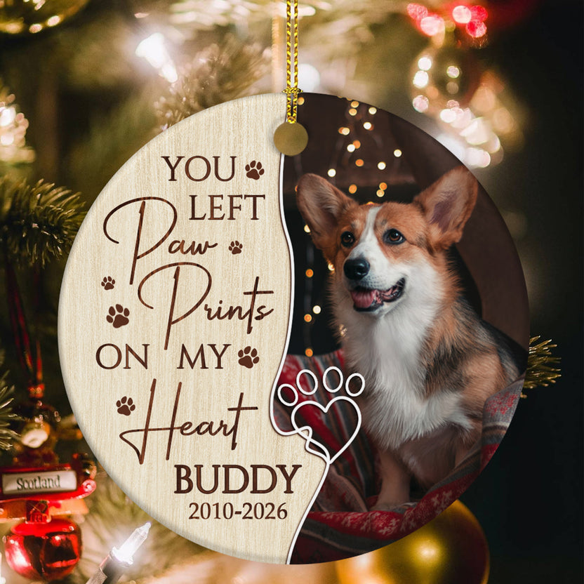 You Left Paw Prints On My Heart Vintage With Pawprint, Dog Remembrance Ornament, Pet Loss Memorial Keepsake, Custom Remembrance Decor, Tree Decor, Personalized Pet Memorial Ornament