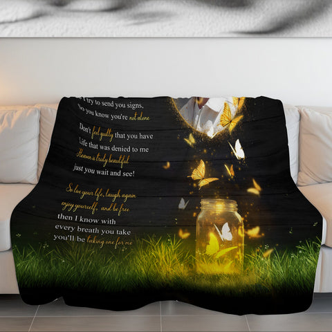 Sympathy Gifts, Memorial Blanket With Photo, Heaven Remembrance, Glowing Butterflies Artwork, Portrait Photo Center, Personalized Name, Comfort Message From Heaven, Loss Of Mom Dad