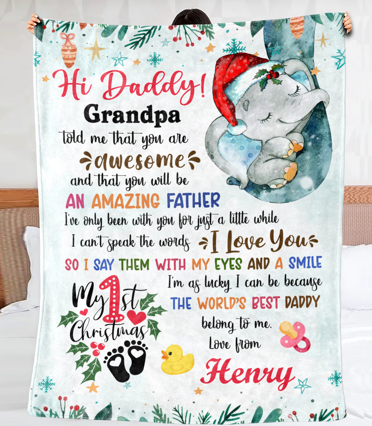 Personalized Animal Blanket For Future New Dad From Baby Bump Merry 1St Christmas Blue Sleeping Elephant Custom Name Unique Gifts For Christmas Fleece Sherpa Blanket For 1St Christmas