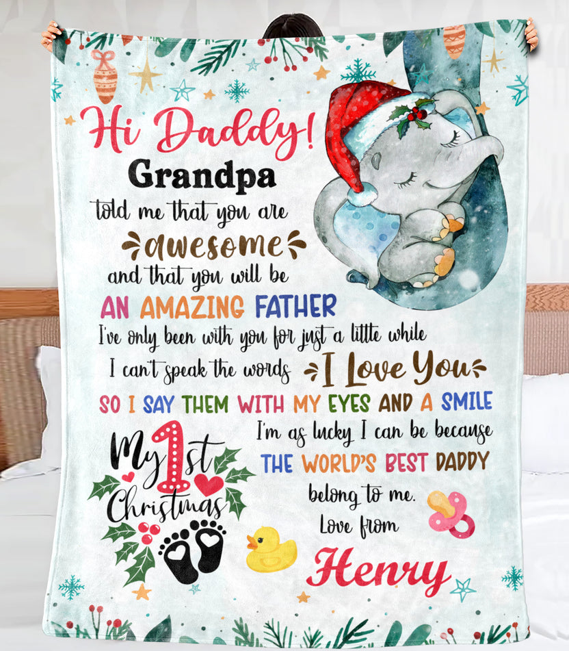 Personalized Animal Blanket For Future New Dad From Baby Bump Merry 1St Christmas Blue Sleeping Elephant Custom Name Unique Gifts For Christmas Fleece Sherpa Blanket For 1St Christmas
