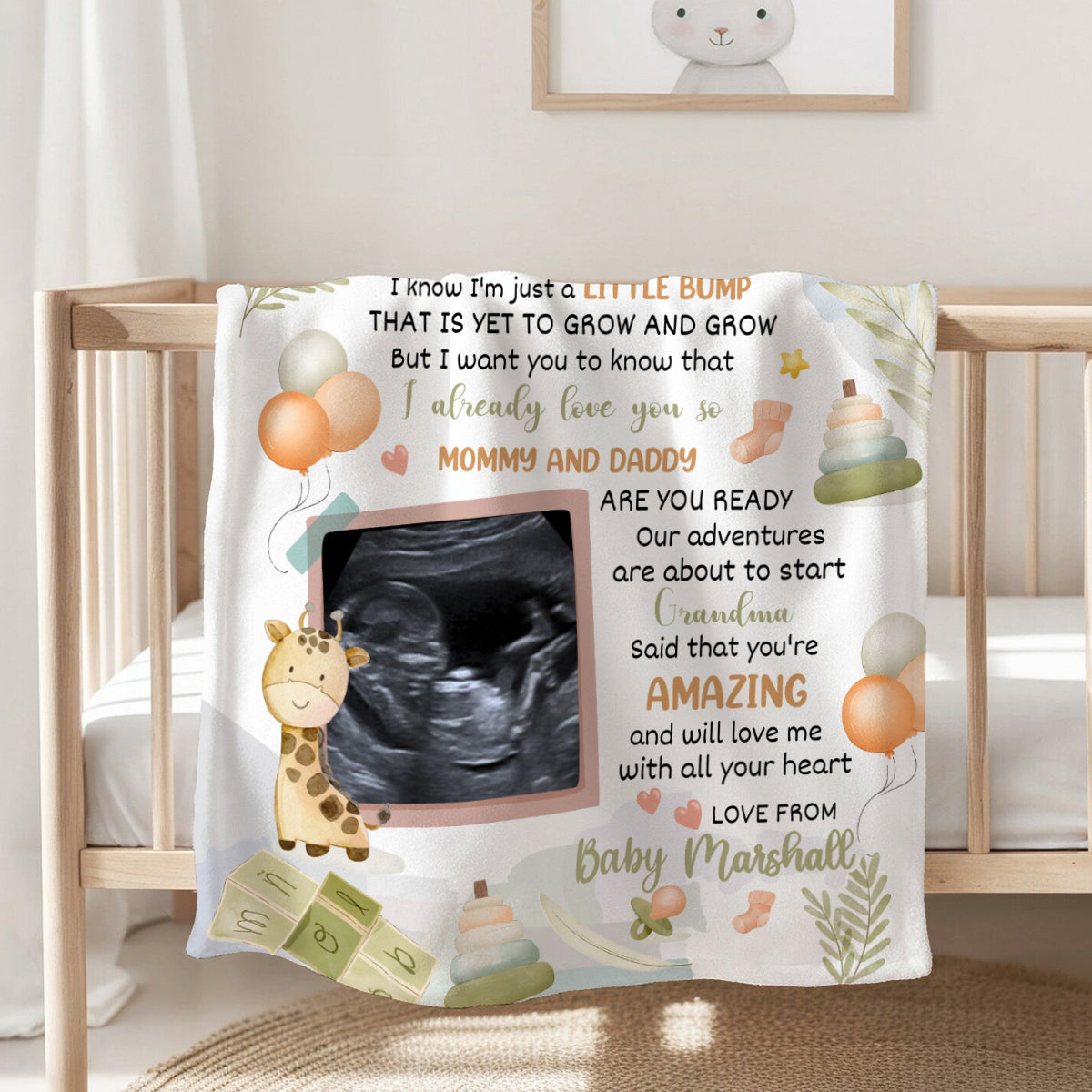 Cute Giraffe Hi Mommy And Daddy Blanket Custom Ultrasound Picture For Mom To Be New Dad From Baby Bump Personalized Blanket