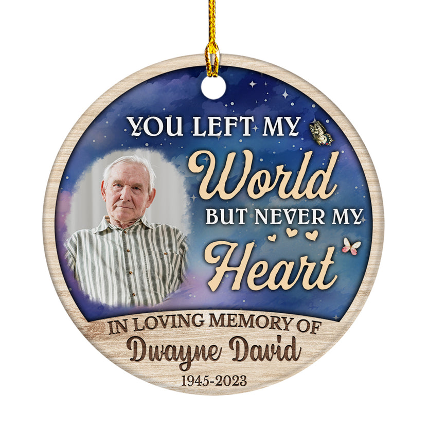 Bereavement Gifts, Personalized Photo Memorial Ornament, You Left World But Never My Heart Wooden Background, Gifts For Loss Of Loss Of Loved, Xmas Tree Decoration, Memorial Keepsake