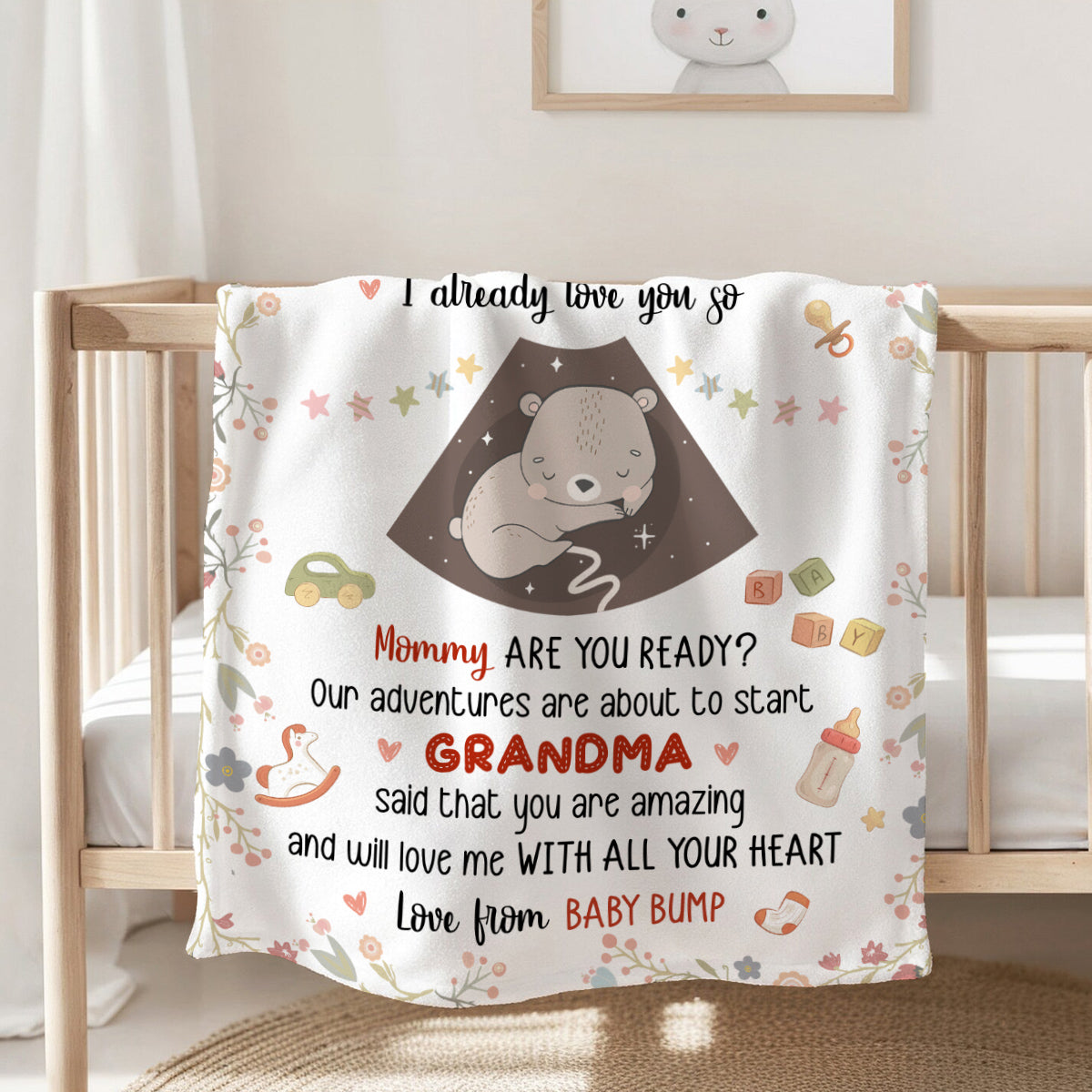 Mom To Be Gifts, I Already Love You Floral Cute Baby Bear Sleeping Ultrasound Mommy's Tummy Blanket For New Mom Mother's Day