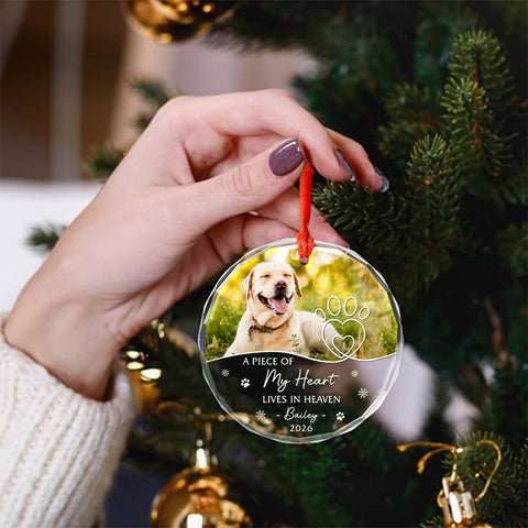 A Piece Of Heart Lives In Heaven Snowflake Pawdog. My Heart Lives In Heaven Glass Ornament, Xmas Tree, Pet Memorial Keepsake, Pet Memorial Ornament With Photo, Gifts For Loss Of Dog