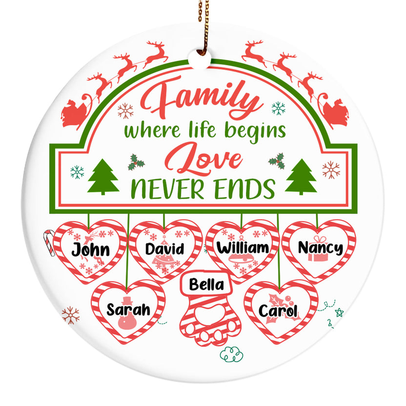 Family Gifts, Family Life Begin Love Not Ends Cute Hearts With Names Hanging, Personalized Circle Ornament, Gifts For Parents