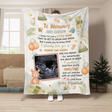 Cute Baby Bear Hi Mommy And Daddy Blanket Custom Ultrasound Picture For Mom To Be New Dad From Baby Bump  Gifts For New Mommy, Fleece Sherpa Blanket Expecting Mothers