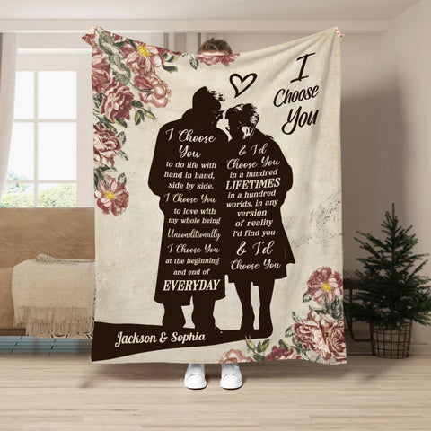 Old Couple Silhouette Vintage I'd Find You & I'd Choose You Floral Printed, Personalized Blanket, Gifts For Him Her