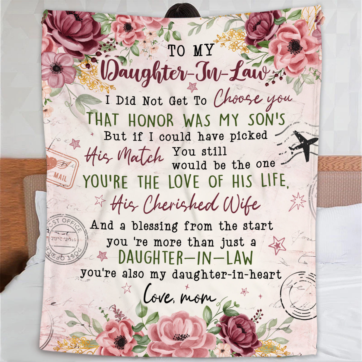Personalized To Daughter In Law Blanket From Mother In Law Also My Daughter In Heart Floral Printed Custom Name Gifts For Daughter In Law Fleece Sherpa Blanket For Birthday Wedding