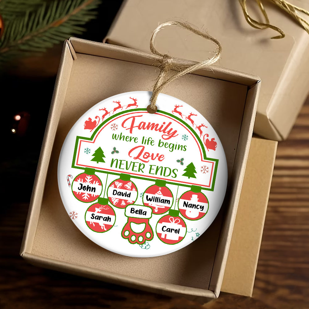 Family Gifts, Family Life Begin Love Not Ends Cute Ball With Names Hanging, Personalized Christmas Ornament, Gifts For Parents Grandparents From Kids Grandkids, Family Ornament