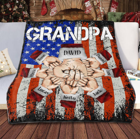Personalized Blanket For Grandfather Poppy From Grandchildren Poppy Fist Bump Holding Hand With Heart Flag Custom Name Grandpa Gifts Ideas Fleece Sherpa Blanket For Christmas Couch Bed Sofa