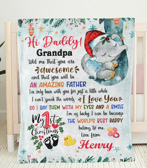 Personalized Animal Blanket For Future New Dad From Baby Bump Merry 1St Christmas Blue Sleeping Elephant Custom Name Unique Gifts For Christmas Fleece Sherpa Blanket For 1St Christmas