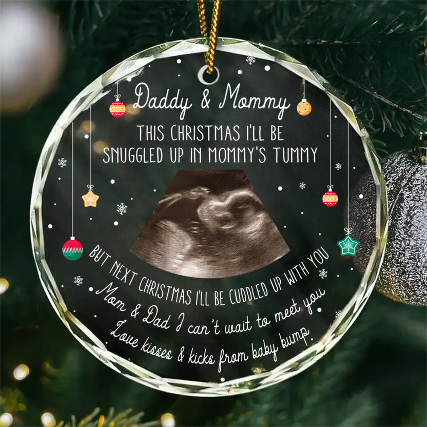 Daddy And Mommy Glass Ornament, This Christmas I’ll Be Snuggled Up In Mommy’s Tummy Ultrasound Gift, Pregnancy Reveal To Parents From Baby