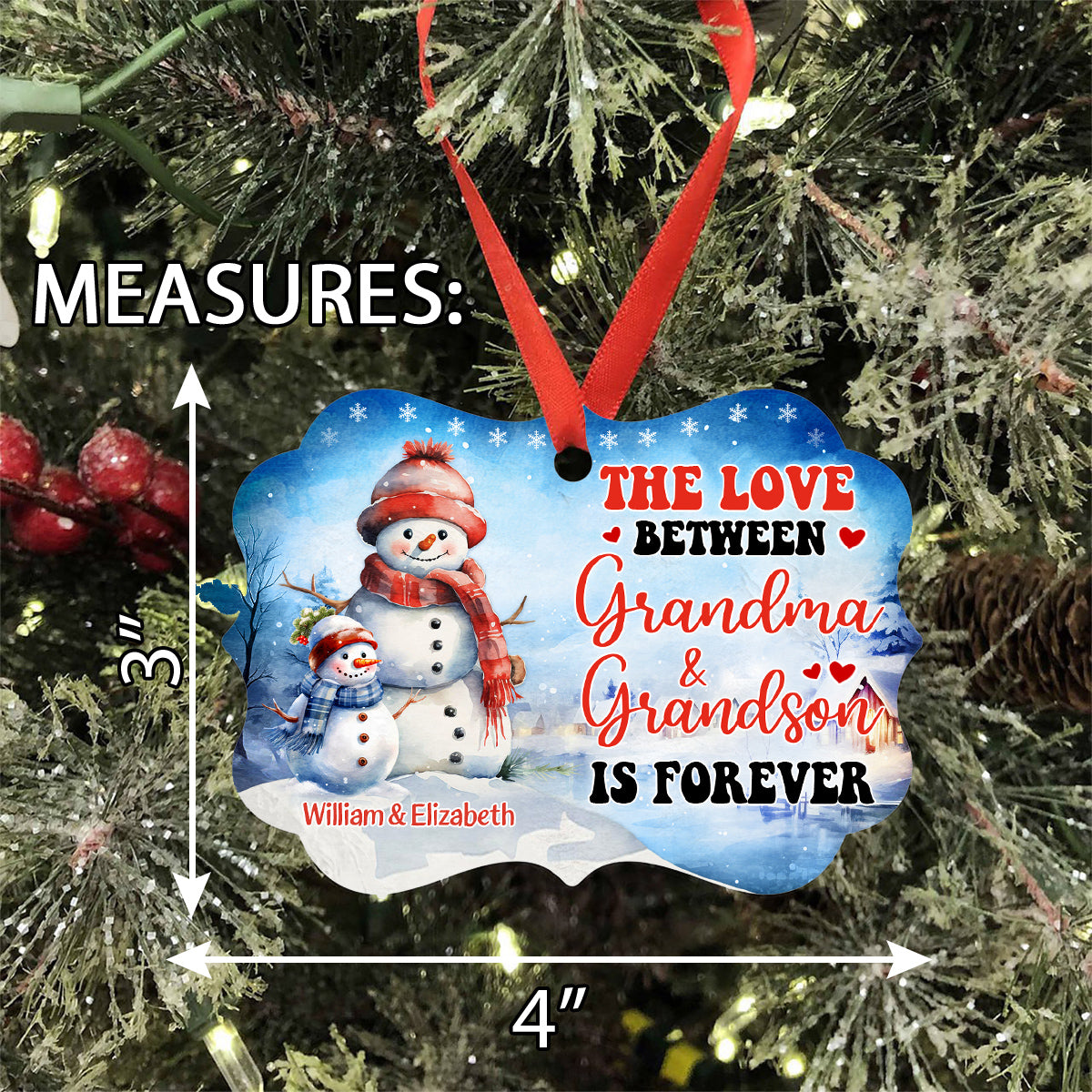 Grandma Gifts, Cute Xmas Winter The Love Between Grandma & Grandson Is Forever, Personalized Ornament, Gifts For Gigi From Grandkids, Xmas Tree Hanging Medallion Aluminum Ornament