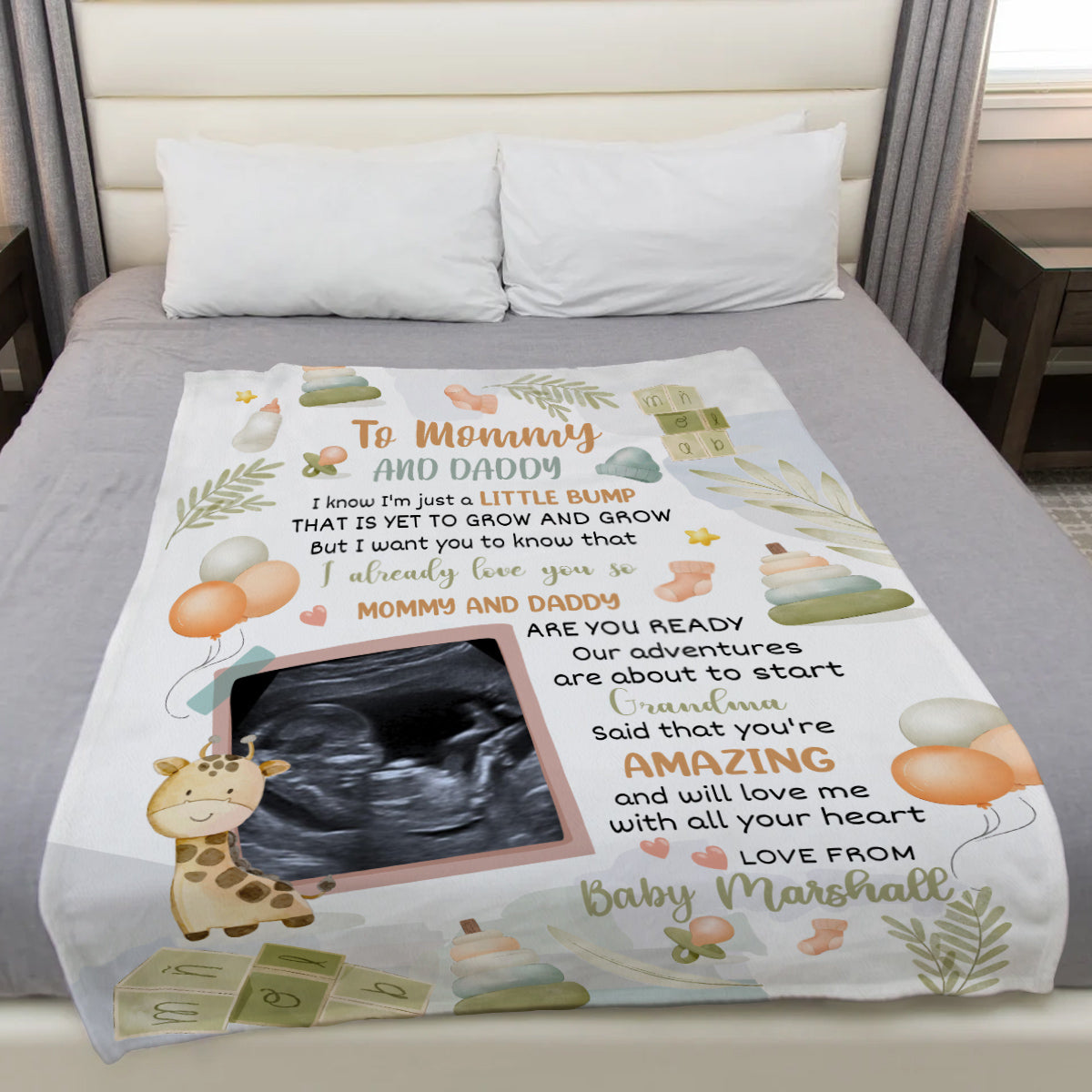 Cute Giraffe Hi Mommy And Daddy Blanket Custom Ultrasound Picture For Mom To Be New Dad From Baby Bump Personalized Blanket
