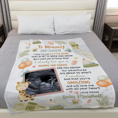Cute Giraffe Hi Mommy And Daddy Blanket Custom Ultrasound Picture For Mom To Be New Dad From Baby Bump Personalized Blanket