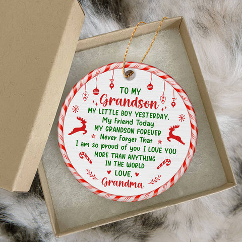 Grandsons Gifts, My Little Boy Yesterday Christmas Theme Candy Cane Circle Ceramic Ornament, Personalized Christmas Ornament, Gifts For Boys From Nana, Xmas Tree Decor