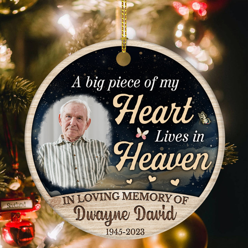 Sympathy Gifts, Personalized Photo Memorial Ornament, Big Piece Of Heart Lives In Heaven Butterflies Hearts Wooden Background, Gifts For Loss Of Mom Dad, Xmas Tree Decoration, Funeral