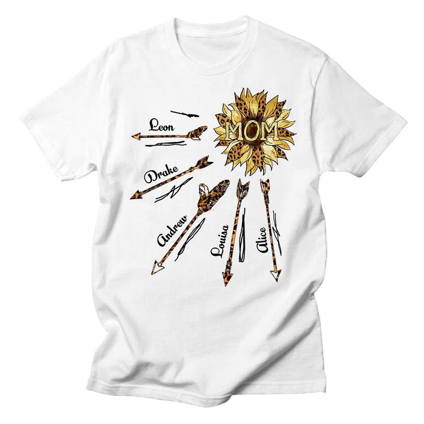 Personalized T-Shirt For Mom Mother From Son Daughter Arrow Leopard Sunflower Custom Name Funny Gifts For Mom Women Short Sleeve Tee Shirt Outfit For Birthday Mothers Day Anniversary