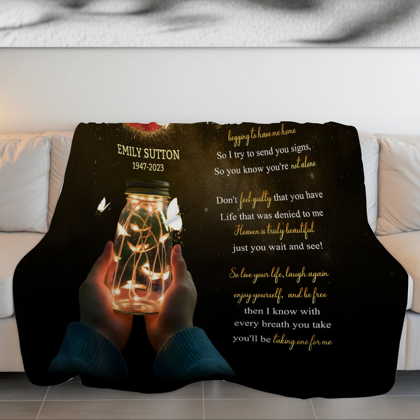 Sympathy Gifts, Personalized Blanket With Photo, Personalized Memorial Blanket, Comfort Verse About Watching Over Loved Ones, Memorial Verse With Butterflies And Light Jar, Loss Of Love