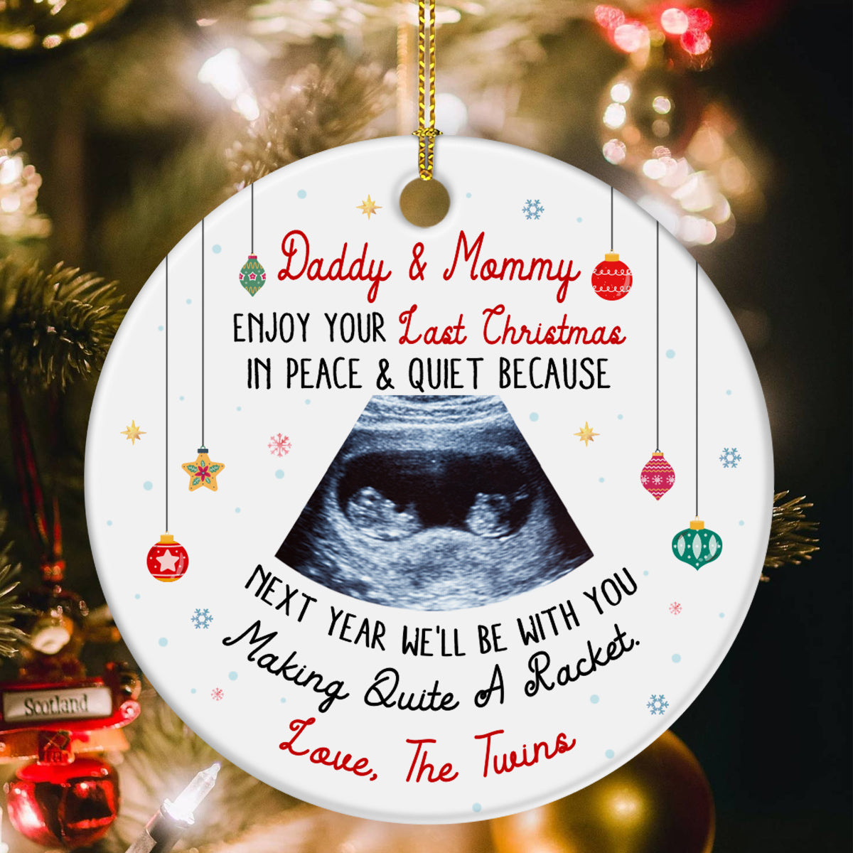 Daddy & Mommy Twins Ultrasound Ornament, Last Peaceful Christmas, Pregnancy Reveal Xmas Gift, Custom Sonogram Expecting Parents Keepsake