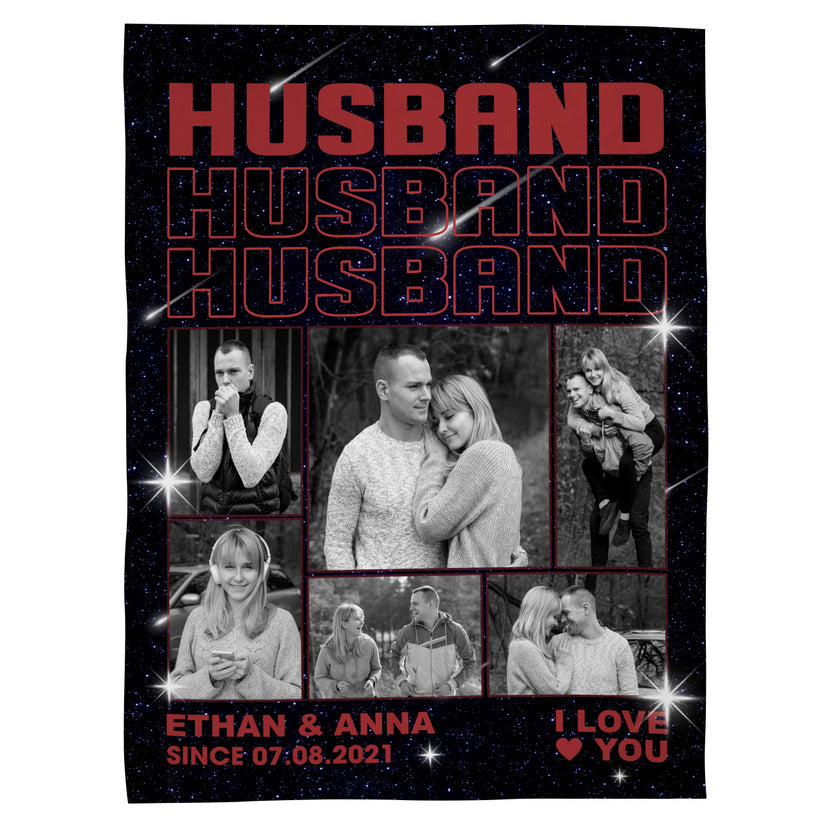 Husband Black Blankets With Photo Collage, Personalized Name Year, Multi Picture Home Blanket, Personalized Blanket With Photo, Gifts For Him Her Custom Fleece Sherpa