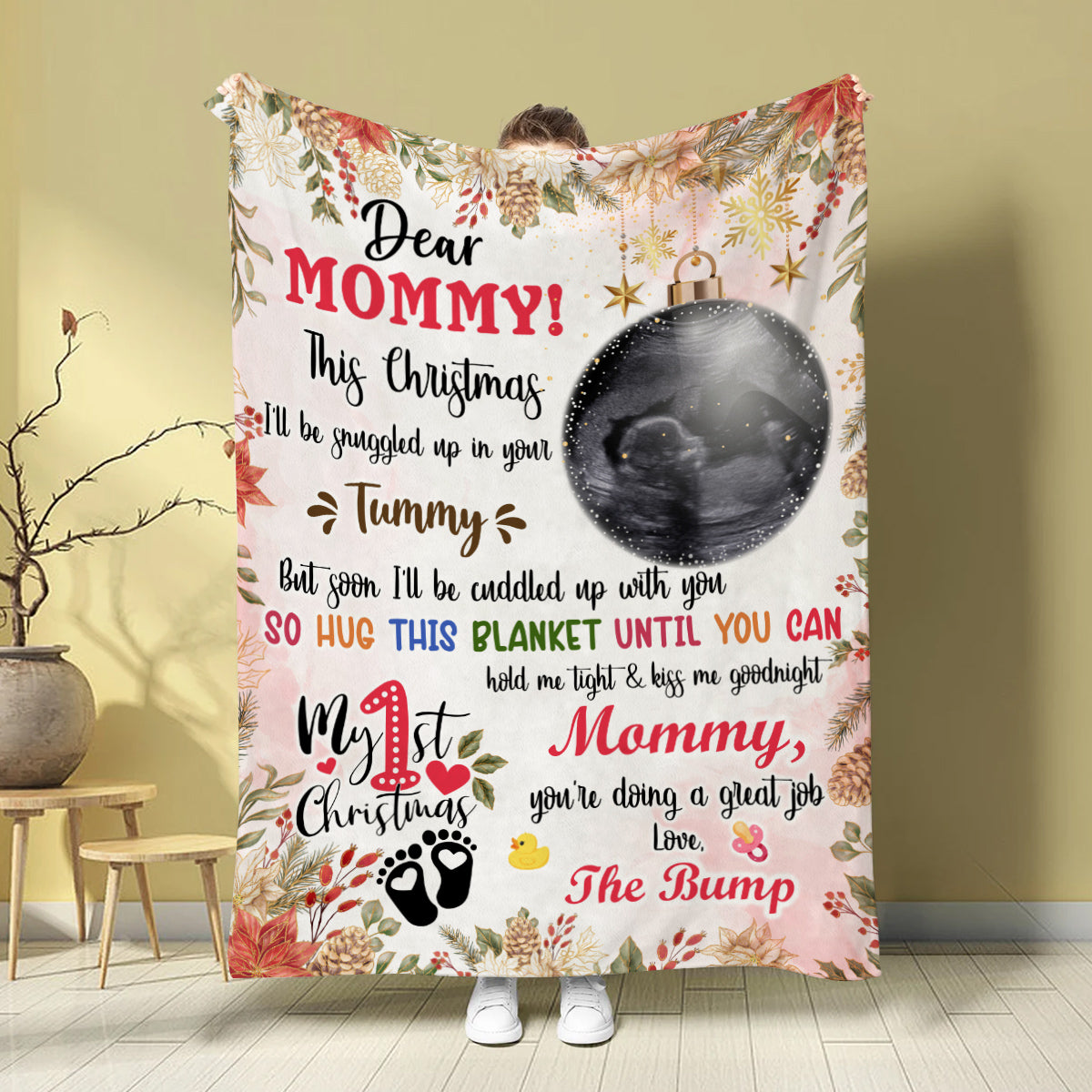 Hug This Blanket Until You Can Hold Me Baby Ultrasound With Ball Hanging Tree, Dear Mommy Holiday Keepsake, First Christmas Expecting Mother, Personalized Photo Blanket, Gifts To Mom
