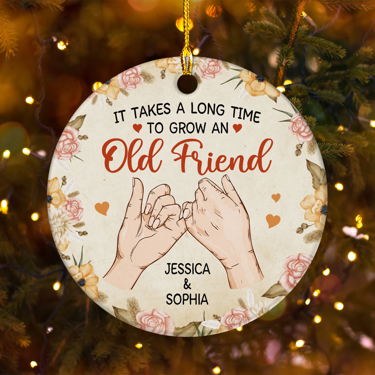 It Takes A Long Time To Grow An Old Friend, Personalized Name Tree Decor, Pinky Promise Hands, Personalized Christmas Ornament, Gifts For Old Ladies, Xmas Tree Decor Hanging