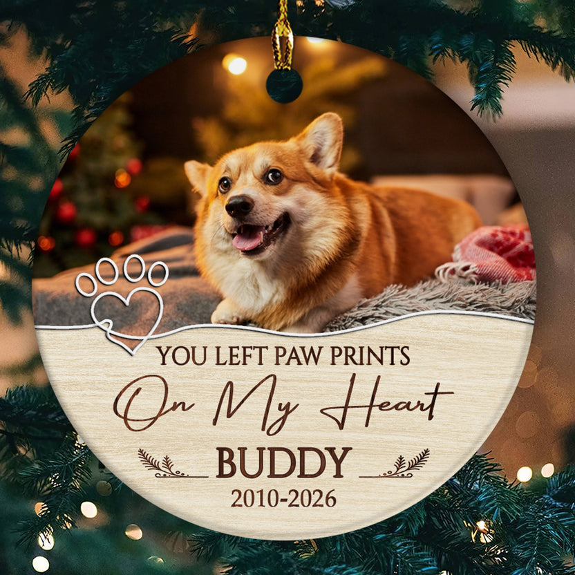 You Left Paw Prints On My Heart Vintage Heart With Pawprint, Dog Memorial Ornament, Custom Pet Loss Remembrance Keepsake, Sympathy Holiday Decor, Gifts For Loss Of Dog, Tree Decor