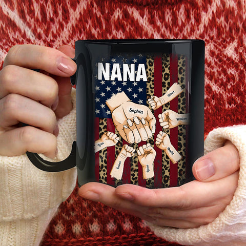 Grandma Gifts, Mom Grandma Nana Hands Drawing Flag With Leopard Printed, Personalized Coffee Mug, Gifts For Abuela From Grandkids, Novelty Ceramic Cup 11 15oz, Gifts For Mother's Day