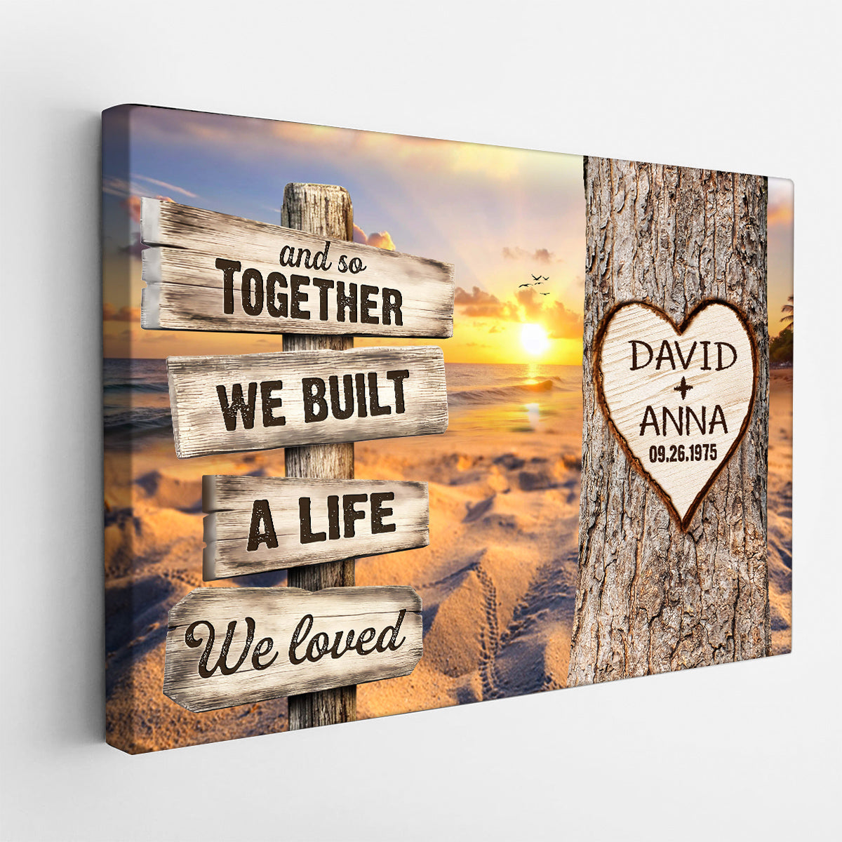 And So Together We Built A Life We Loved Rustic Wood Sign With Tree Heart & Sunset Beach Canvas Poster Gifts For Couple
