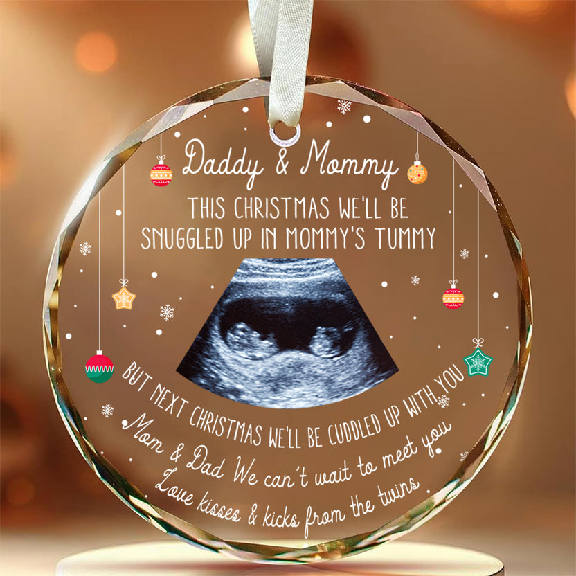 Twins Ultrasound Glass Ornament, Snuggled In Mommy’s Tummy, Custom Sonogram Gift, Expecting Parents Reveal,  Pregnancy Reveal For Mom & Dad