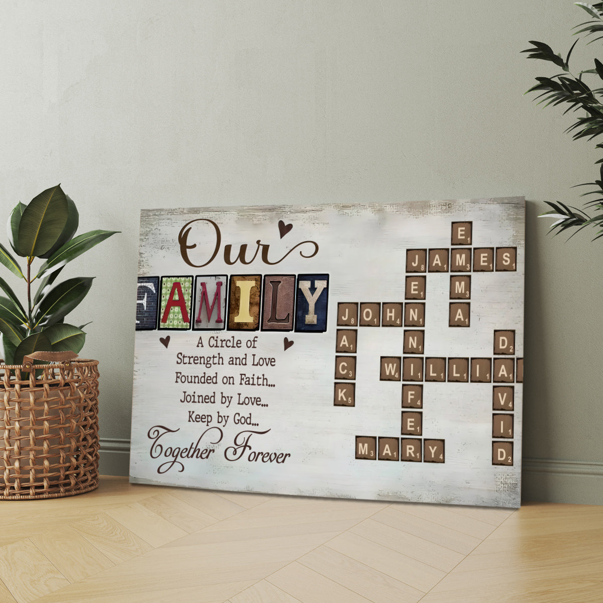 Our Family A Circle Of Strength And Love, Founded On Faith Crossword Art Poster, Personalized Canvas Wall Art, Gifts For Mom Dad, Poster Prints Home Decor, Family Wall Hanging