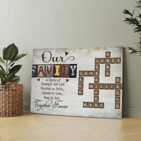 Our Family A Circle Of Strength And Love, Founded On Faith Crossword Art Poster, Personalized Canvas Wall Art, Gifts For Mom Dad, Poster Prints Home Decor, Family Wall Hanging