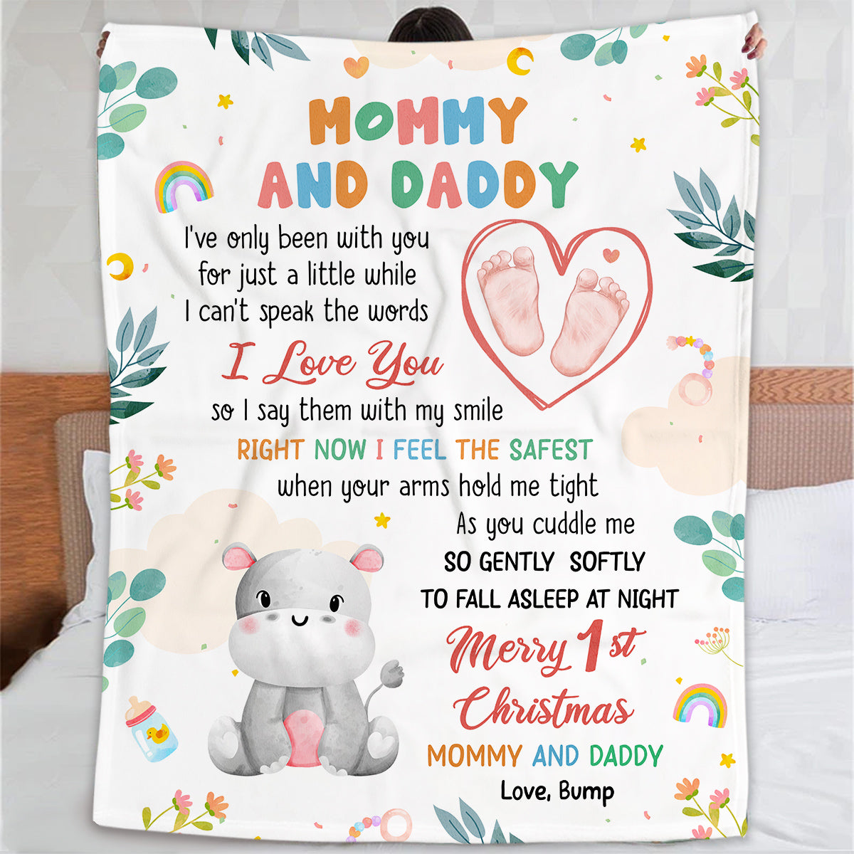 Merry 1st Christmas Mommy Daddy I've Only Been With You A While Footprint Baby Hippo, Personalized Blanket, Gifts For New Parents, Fleece Sherpa Blanket, New Parents, Gifts For Xmas
