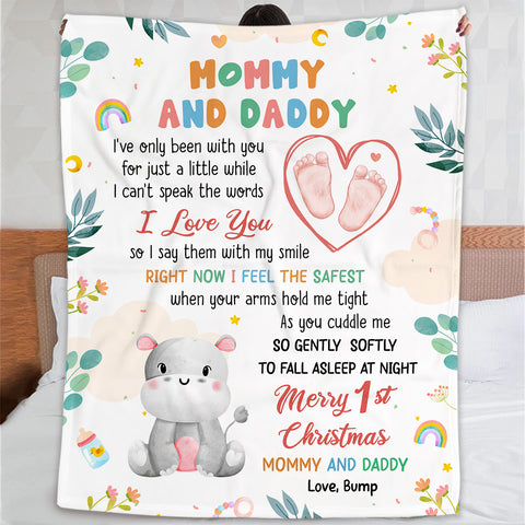 Merry 1st Christmas Mommy Daddy I've Only Been With You A While Footprint Baby Hippo, Personalized Blanket, Gifts For New Parents, Fleece Sherpa Blanket, New Parents, Gifts For Xmas