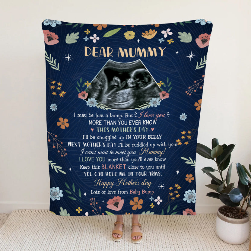 Mom To Be Gifts, Floral Printed With Baby's Sonogram Photo I'll Be Snuggled Up In Your Belly, Personalized Blanket, Gifts For New Mommy, Fleece Sherpa, New Mom Blanket For Mother's Day