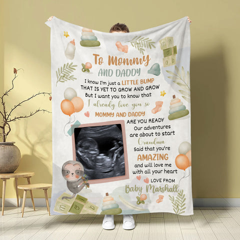 Cute Sloth Hi Mommy And Daddy Blanket Custom Ultrasound Picture For Mom To Be New Dad From Baby Bump Gifts For New Mommy, Fleece Sherpa Blanket Pregnancy Gifts Ideas Mothers Day