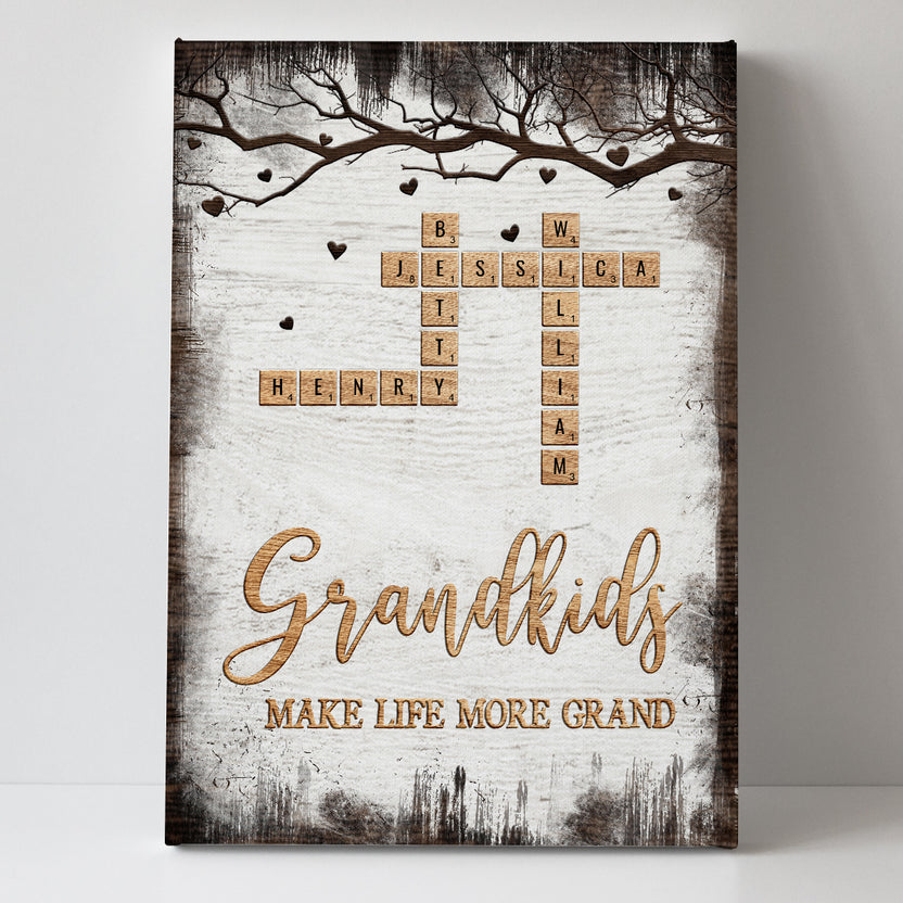 Grandkids Make Life More Grand Crossword Vertical Canvas Poster Vintage Tree, Personalized Canvas Wall Art, Gifts For Papa Nana, Poster Prints Home Decor, Family Wall Art