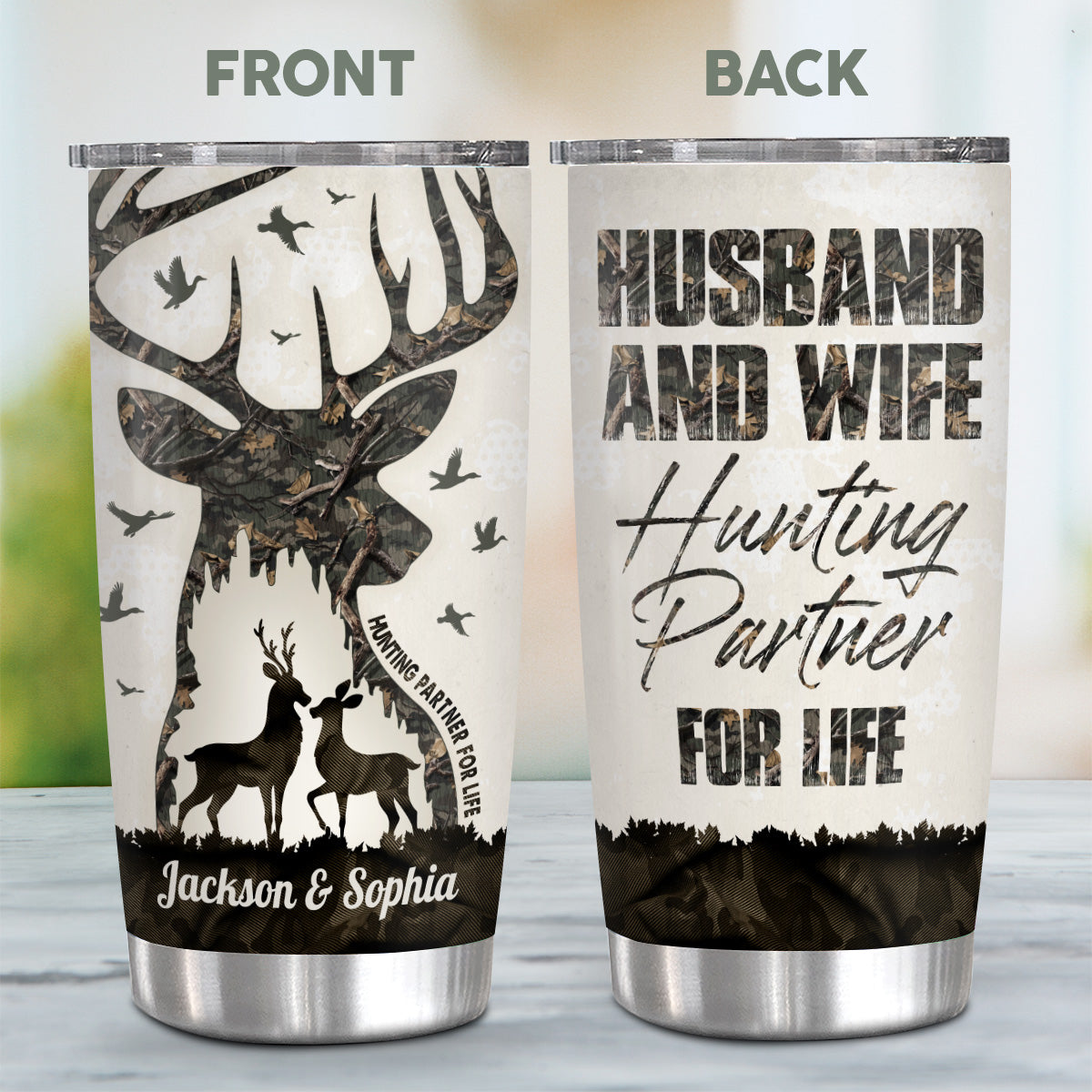 Buck And Doe Camo Pattern Deer Hunting Couple Husband And Wife Hunting Partner For Life, Personalized Tumbler, Gifts For Him Her, Custom 20oz With Lid Travel Cup, Gifts To Valentine