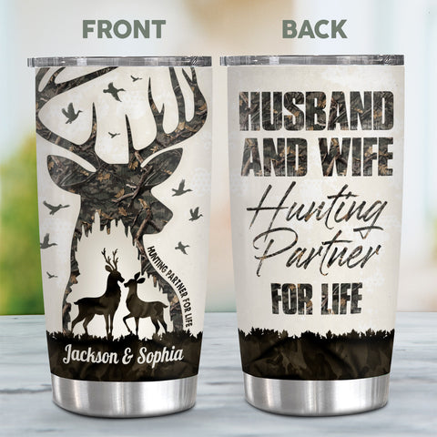 Buck And Doe Camo Pattern Deer Hunting Couple Husband And Wife Hunting Partner For Life, Personalized Tumbler, Gifts For Him Her, Custom 20oz With Lid Travel Cup, Gifts To Valentine