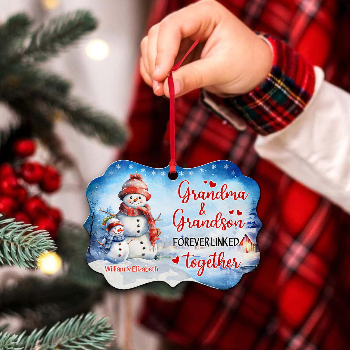 Grandma Gifts, Cute Xmas Winter Grandma & Grandson Forever Linked Together, Personalized Ornament, Gifts From Grandchildren