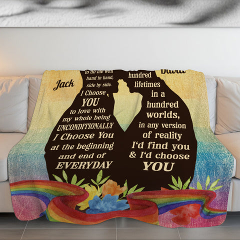 Gay Lgbt Couple Rainbow Silhouette Vintage I'd Find You & I'd Choose You, Personalized Blanket, Gifts For Him Her From Honey