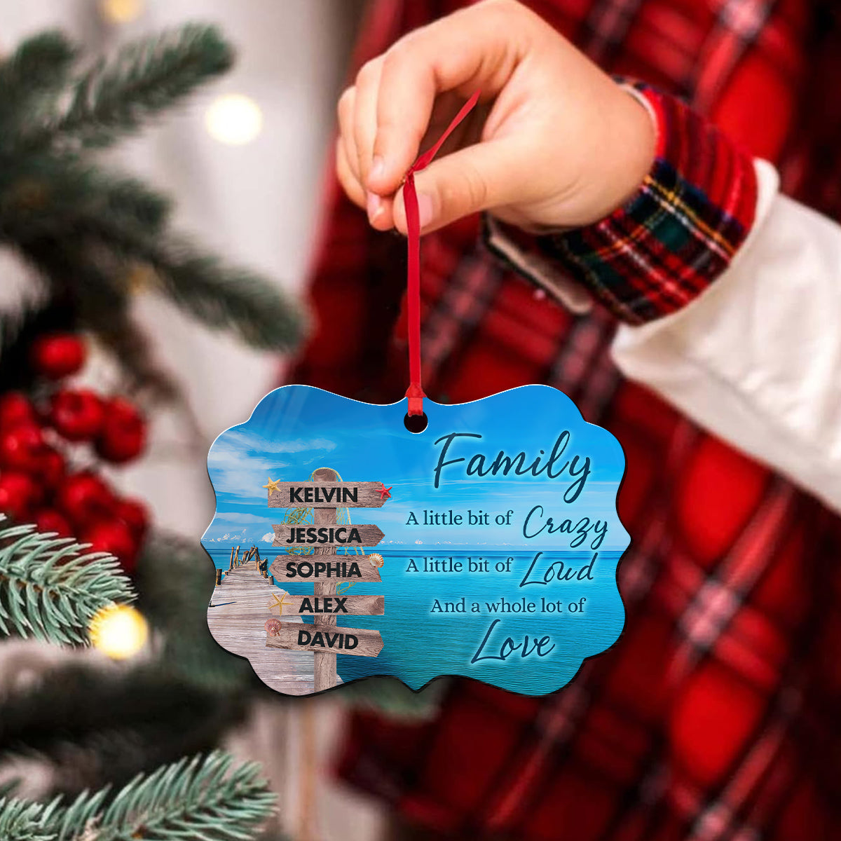 Family Little Bit Crazy, Little Bit Of Loud And Whole Lot Of Love Wooden Street Sign With Names Ocean Dock Christmas Ornament